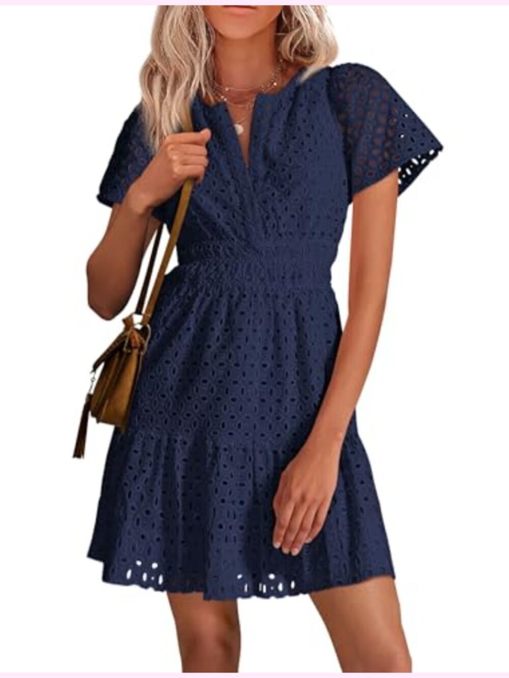 Cotton Eyelet Lace Short Sleeve V-Neck Ruffle A-Line Mini Dress Summer Casual